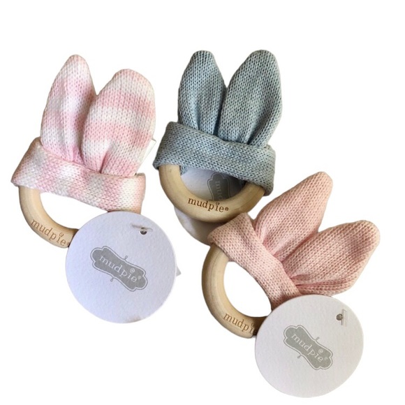 MUD PIE Wooden Teething Ring w/ Knit Bunny Ears - Picture 1 of 6